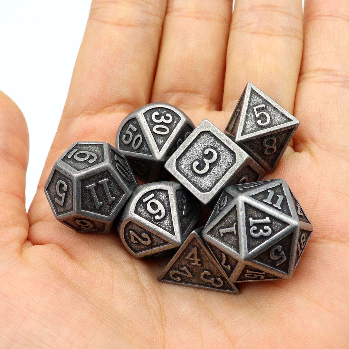 Haxtec Antique Iron DND Dice Set – Silver Metal Polyhedral Dice with Leather Bag