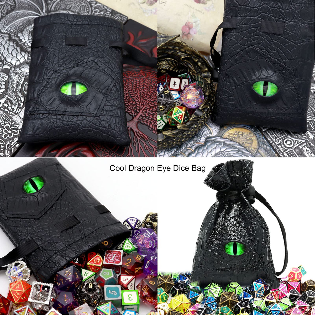 Haxtec Dragon Eye Leather Dice Bag – DND Dice Storage, Venom-Green Eye, Patent D893867