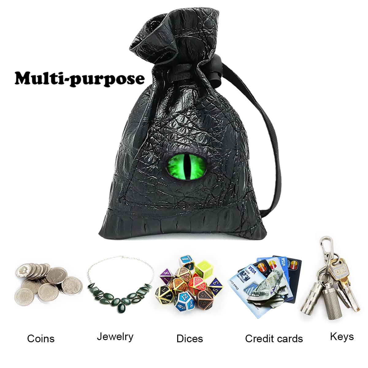 Haxtec Dragon Eye Leather Dice Bag – DND Dice Storage, Venom-Green Eye, Patent D893867