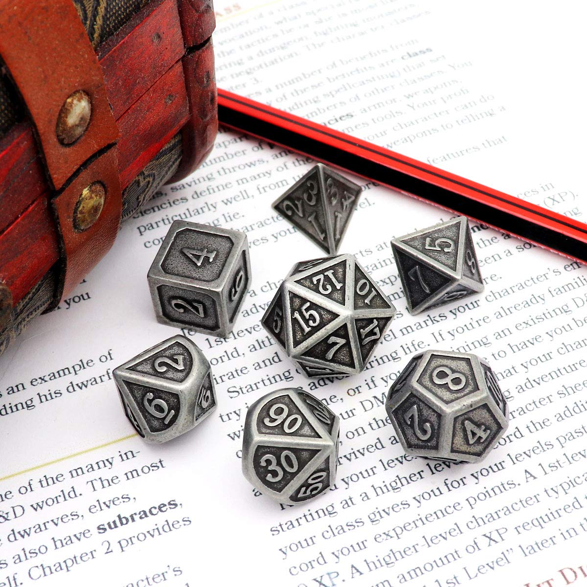 Haxtec Antique Iron DND Dice Set – Silver Metal Polyhedral Dice with Leather Bag