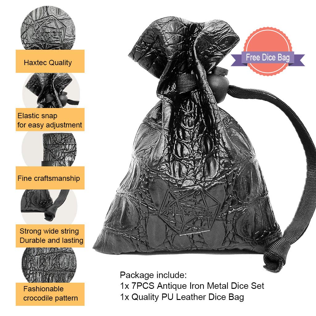 Haxtec Antique Iron DND Dice Set – Silver Metal Polyhedral Dice with Leather Bag