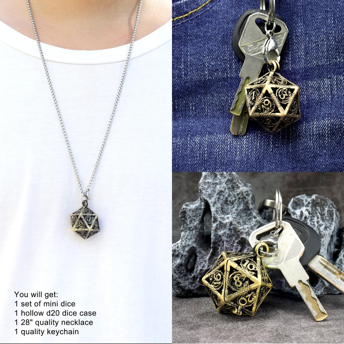 Haxtec Mini Metal DND Dice Set with Hollow Necklace Case – Portable 7-Piece D&D Dice