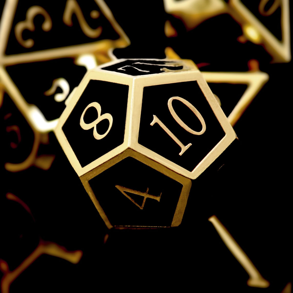 Haxtec DND Metal Dice Set – Gold & Black Glossy Enamel 7-Piece D&D Dice with Leather Bag