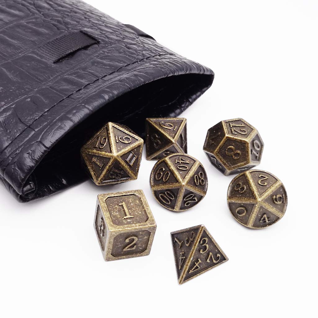 Haxtec DND Metal Dice Set – Antique Bronze 7-Piece D&D Dice (D20, D12, 2x D10, D8, D6, D4)