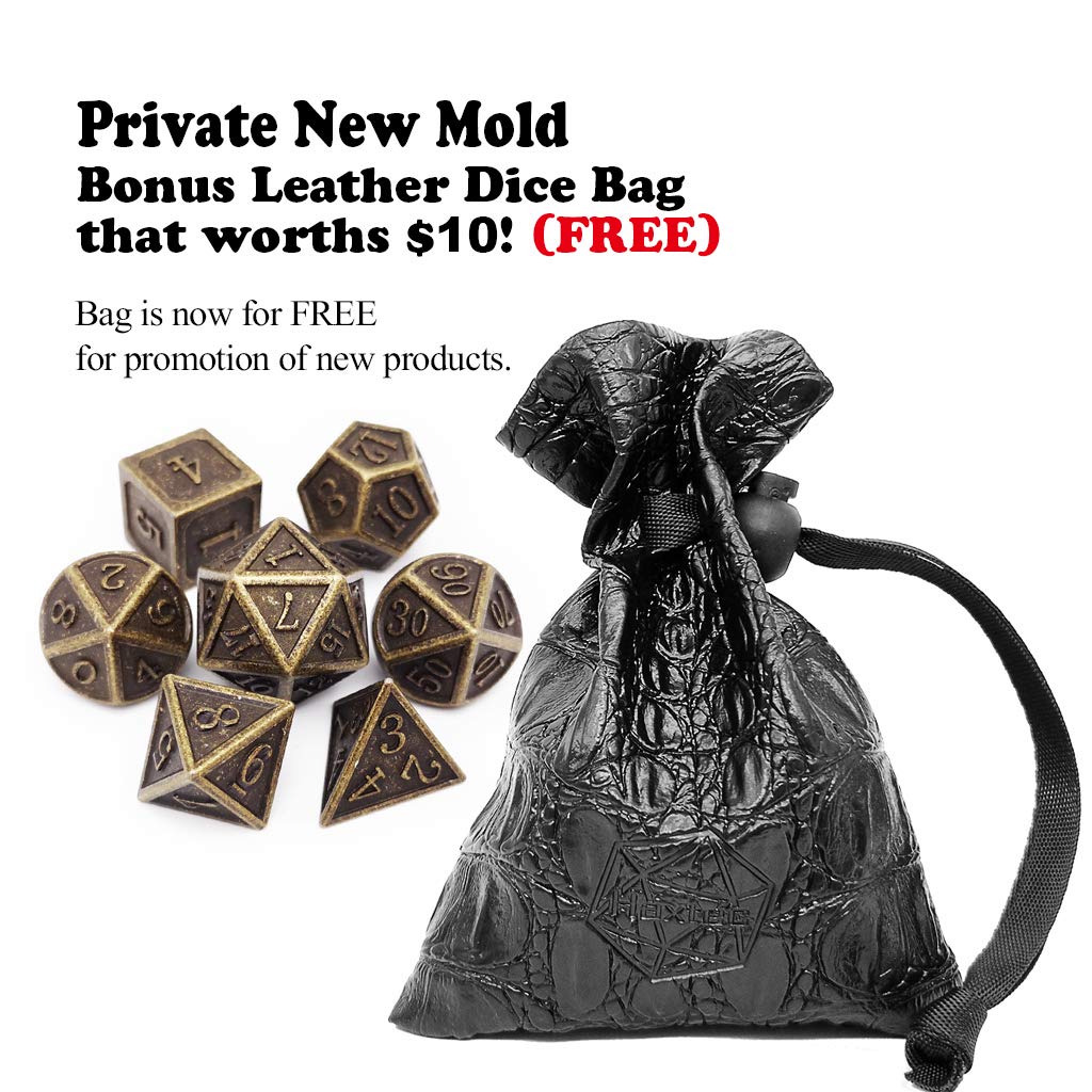 Haxtec DND Metal Dice Set – Antique Bronze 7-Piece D&D Dice (D20, D12, 2x D10, D8, D6, D4)