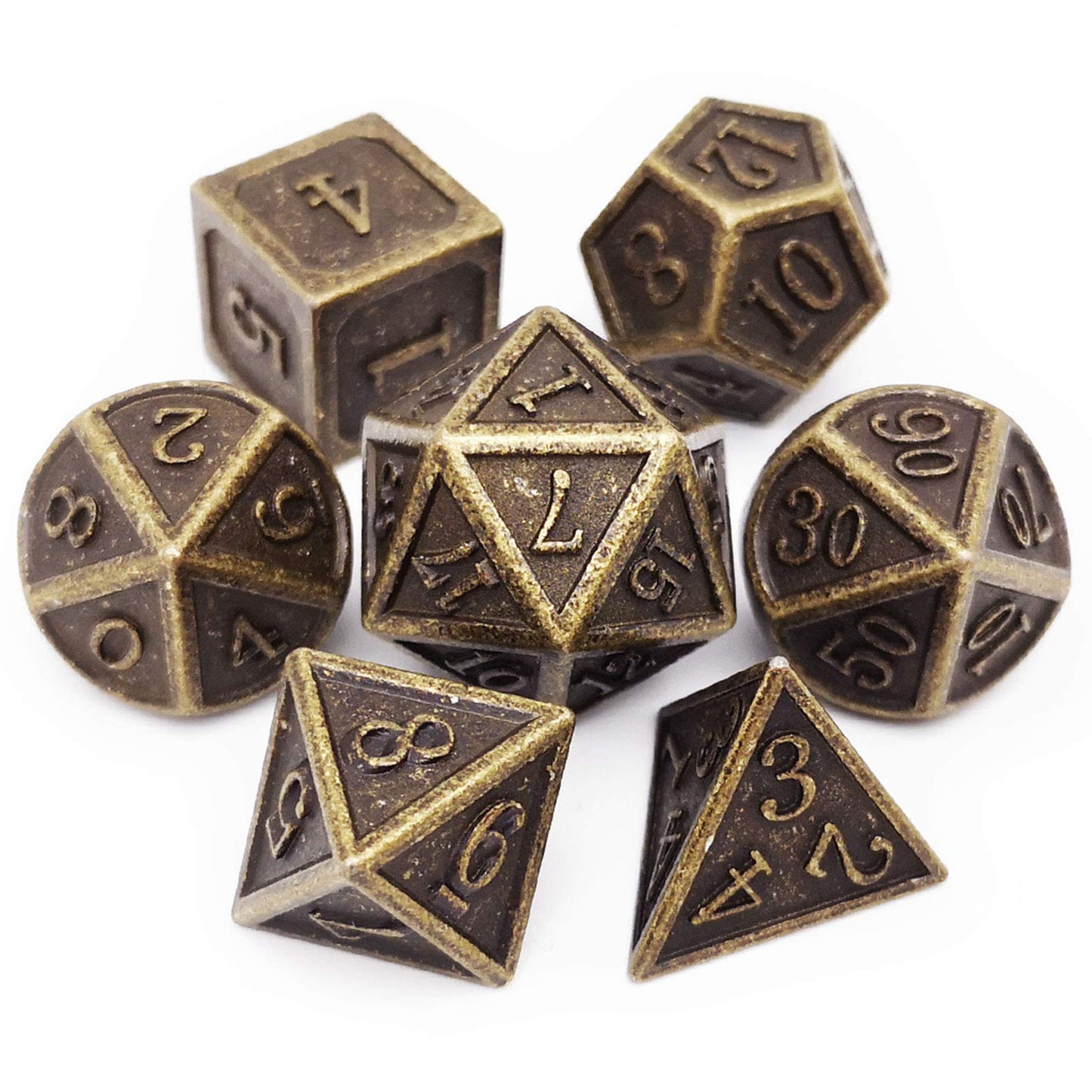 Haxtec DND Metal Dice Set – Antique Bronze 7-Piece D&D Dice (D20, D12, 2x D10, D8, D6, D4)