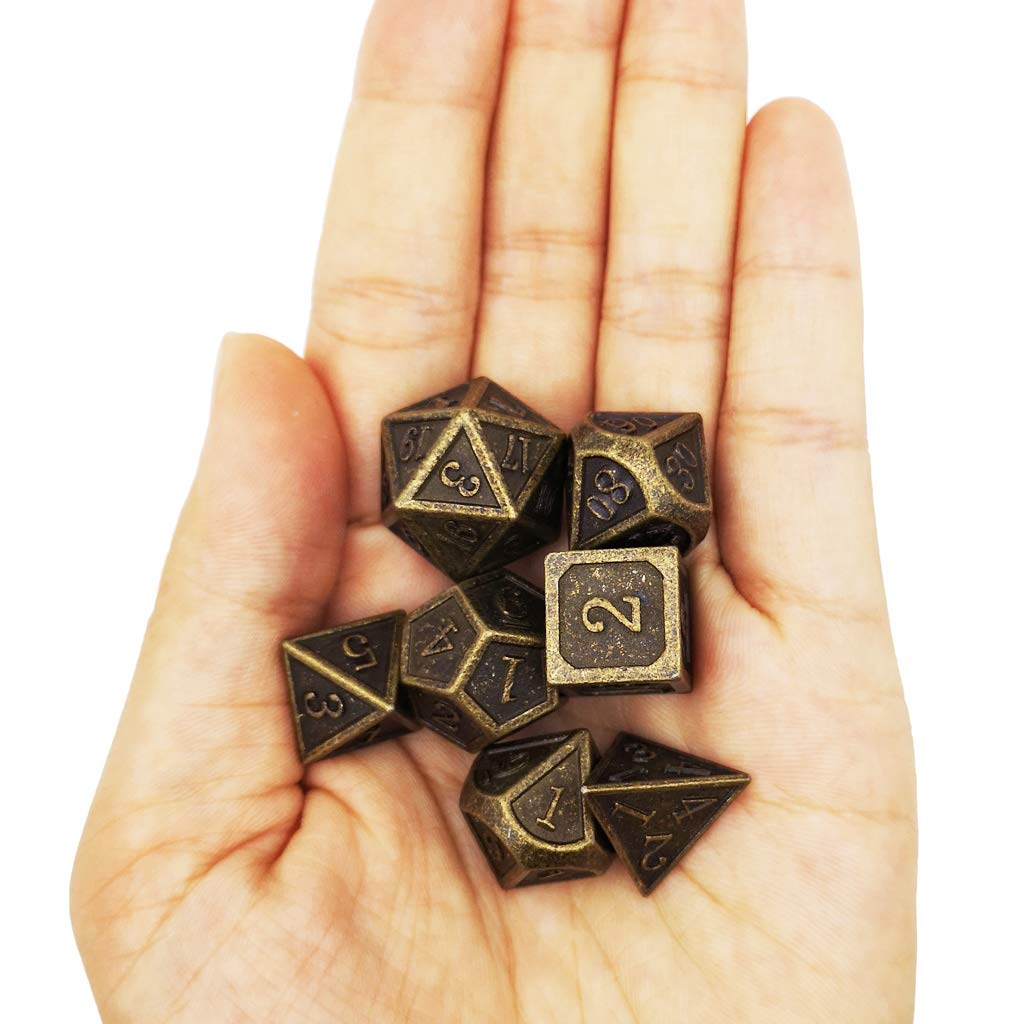 Haxtec DND Metal Dice Set – Antique Bronze 7-Piece D&D Dice (D20, D12, 2x D10, D8, D6, D4)