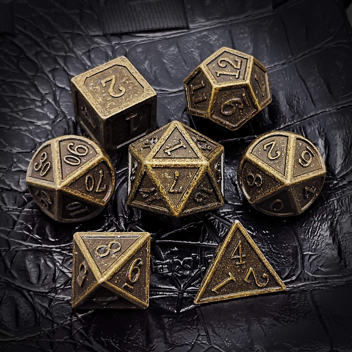 Haxtec DND Metal Dice Set – Antique Bronze 7-Piece D&D Dice (D20, D12, 2x D10, D8, D6, D4)