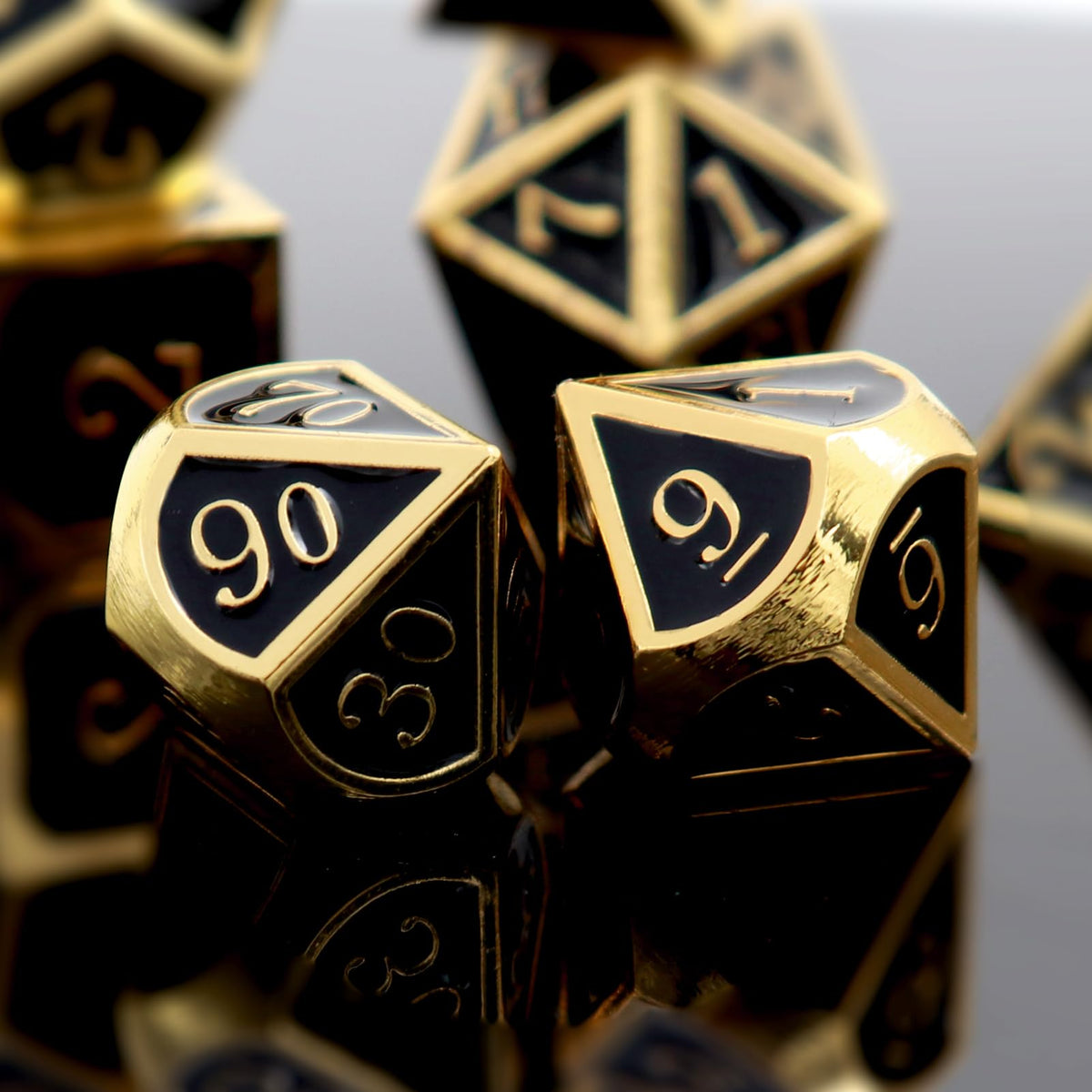 Haxtec DND Metal Dice Set – Gold & Black Glossy Enamel 7-Piece D&D Dice with Leather Bag