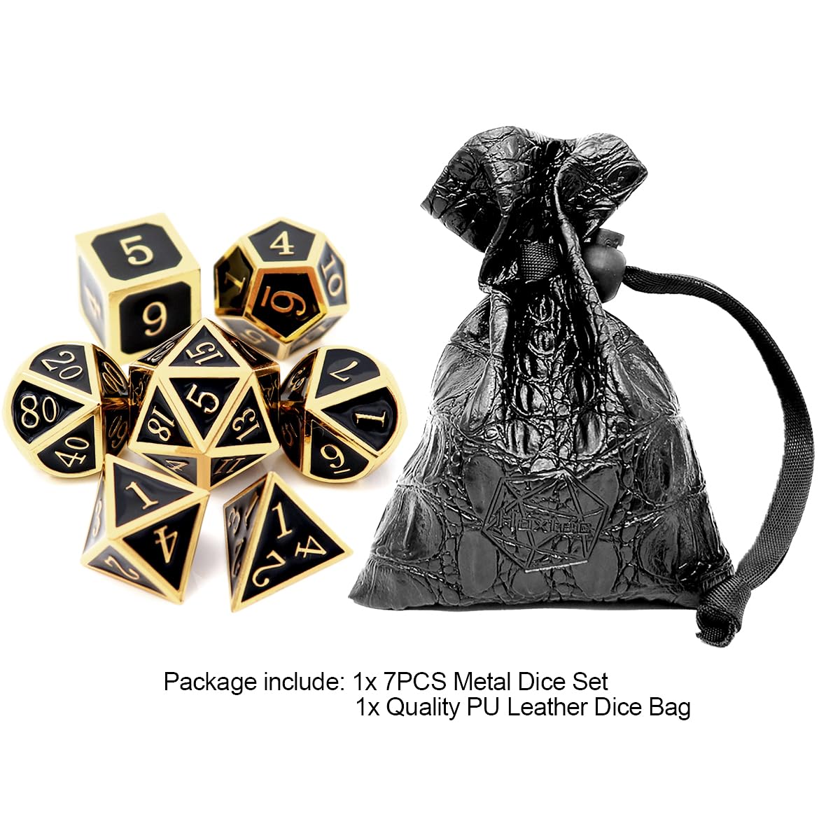 Haxtec DND Metal Dice Set – Gold & Black Glossy Enamel 7-Piece D&D Dice with Leather Bag