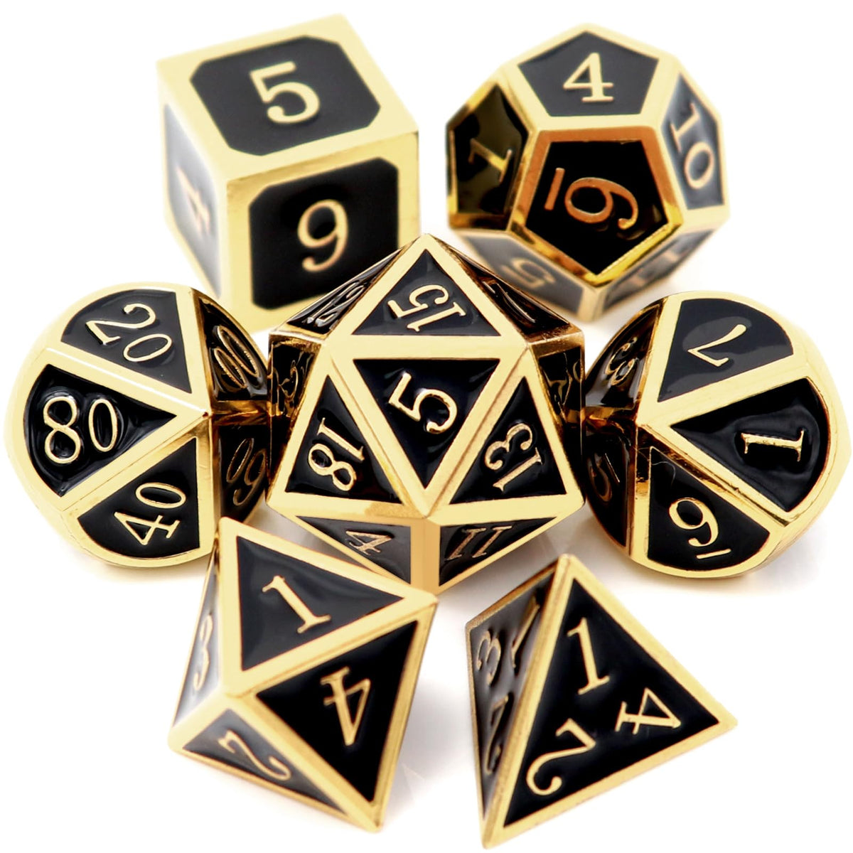 Haxtec DND Metal Dice Set – Gold & Black Glossy Enamel 7-Piece D&D Dice with Leather Bag