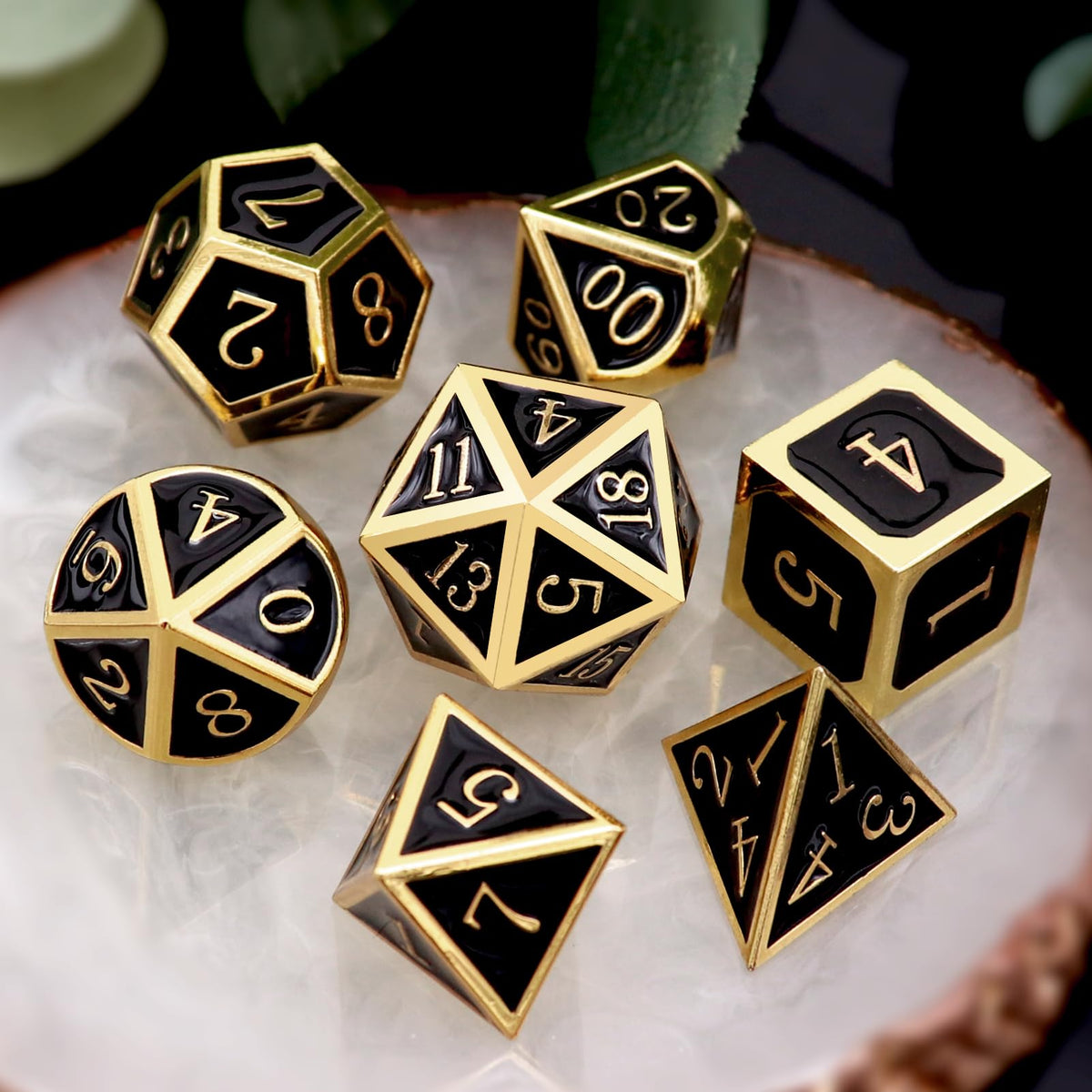 Haxtec DND Metal Dice Set – Gold & Black Glossy Enamel 7-Piece D&D Dice with Leather Bag