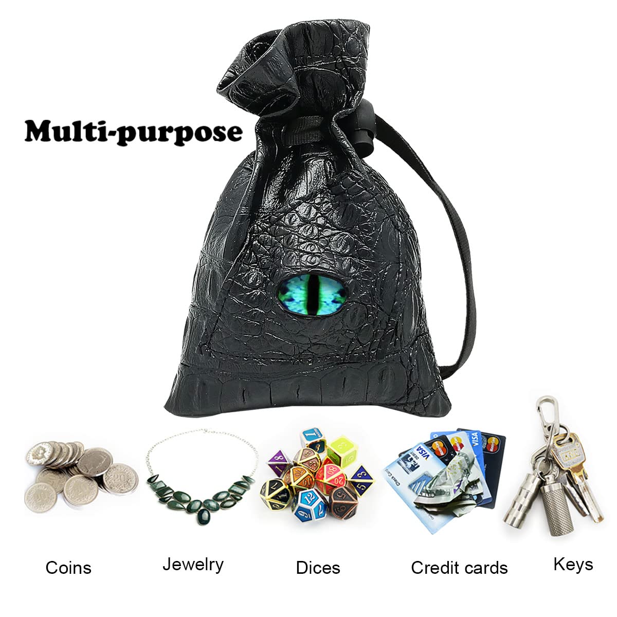 Haxtec Dragon Eye Dice Bag - Leather Drawstring DND Pouch with Eternal-Blue Eye