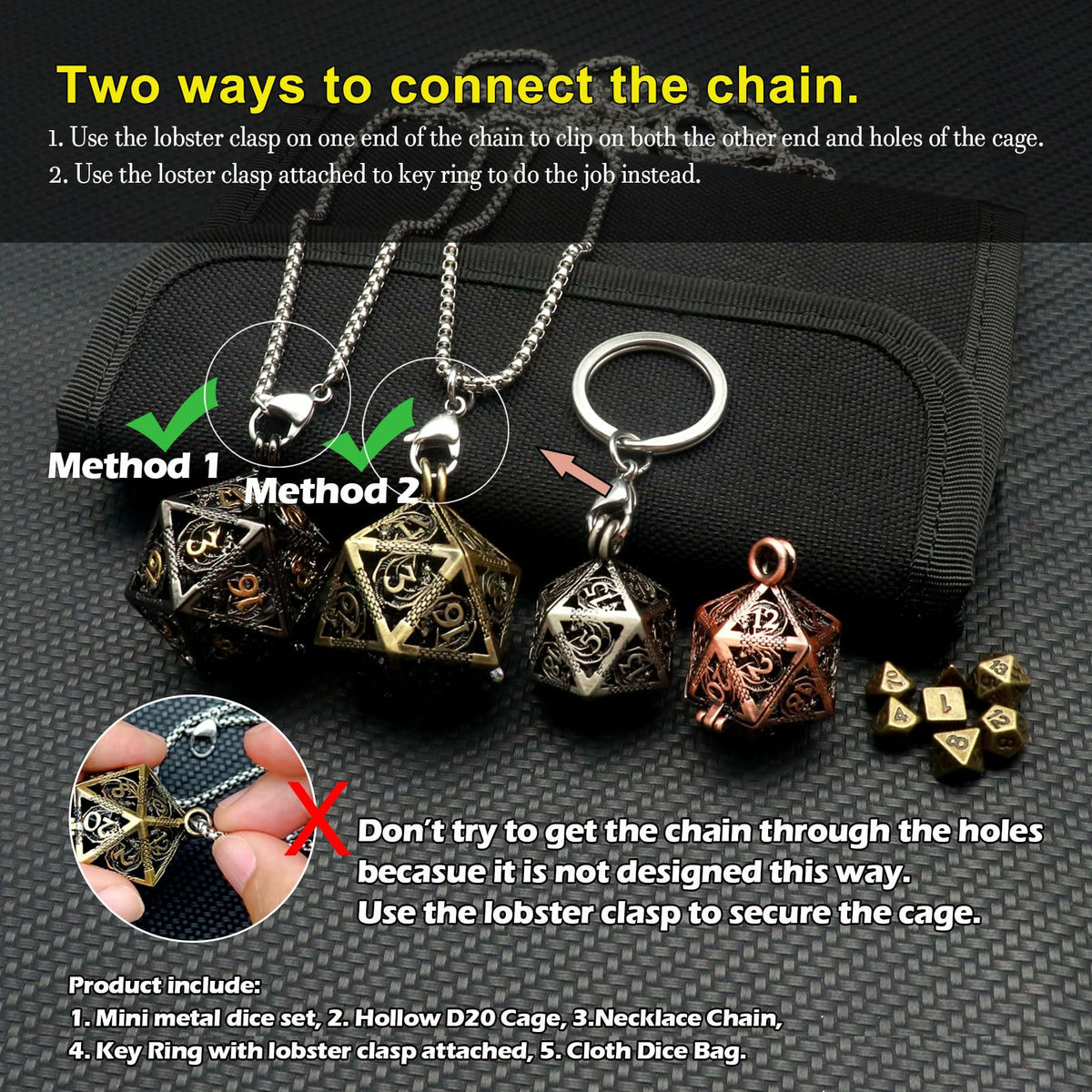 Haxtec Mini Metal DND Dice Set with Hollow Necklace Case – Portable 7-Piece D&D Dice