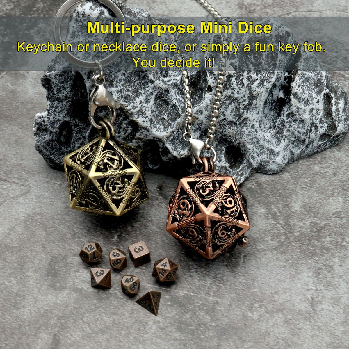 Haxtec Mini Metal DND Dice Set with Hollow Necklace Case – Portable 7-Piece D&D Dice