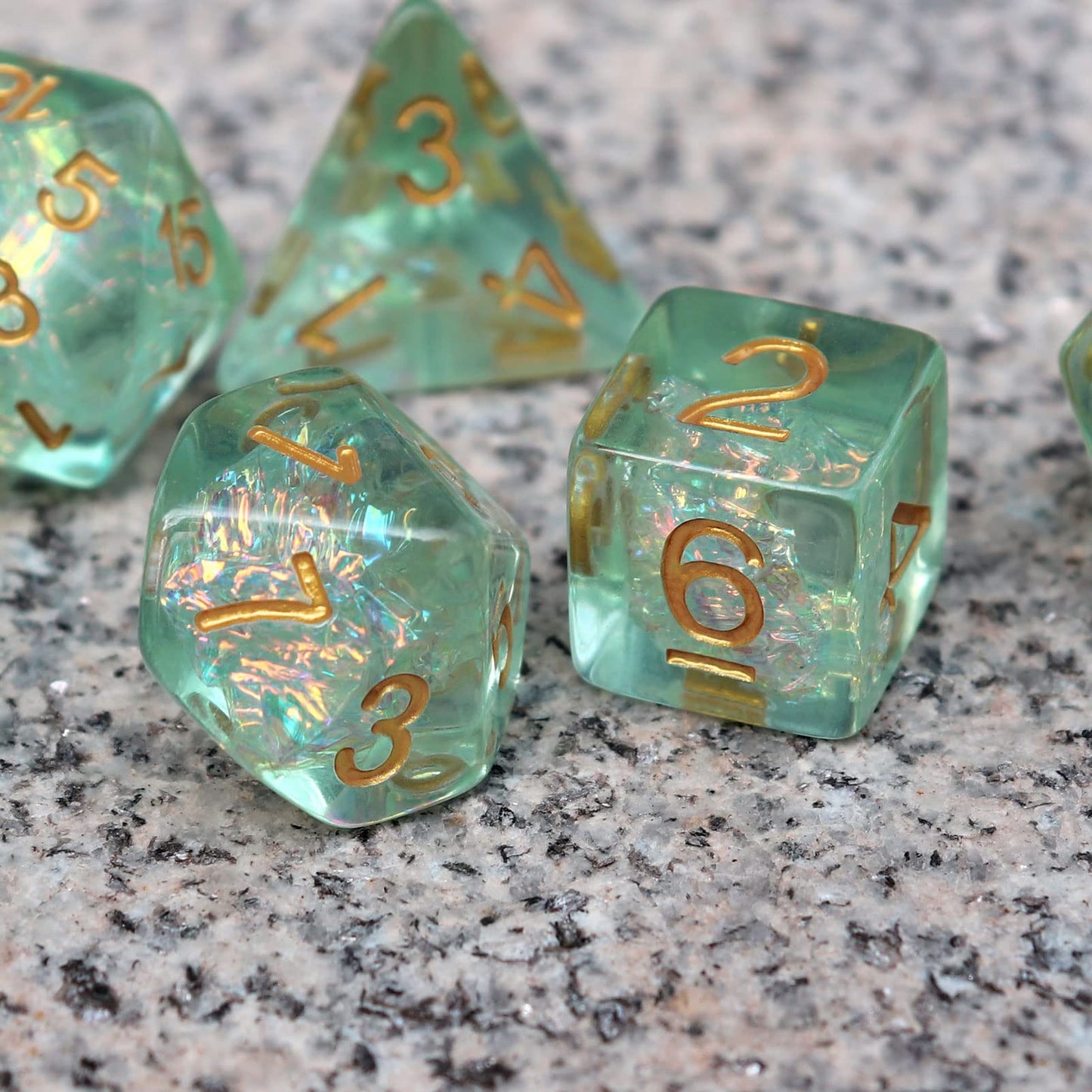 Haxtec Light Green DND Dice Set – 7pc Iridescent Resin Dice + Gift Bag