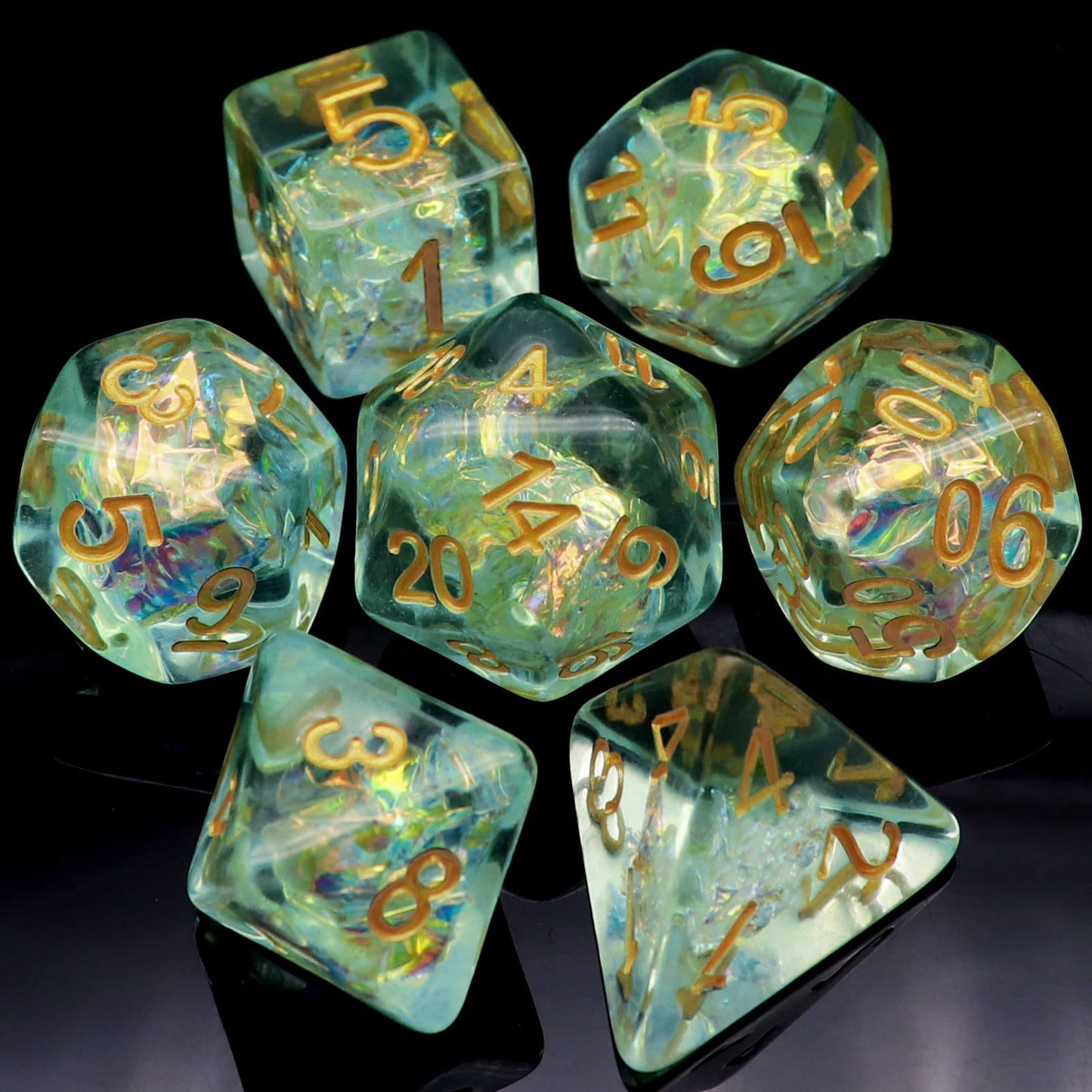 Haxtec Light Green DND Dice Set – 7pc Iridescent Resin Dice + Gift Bag