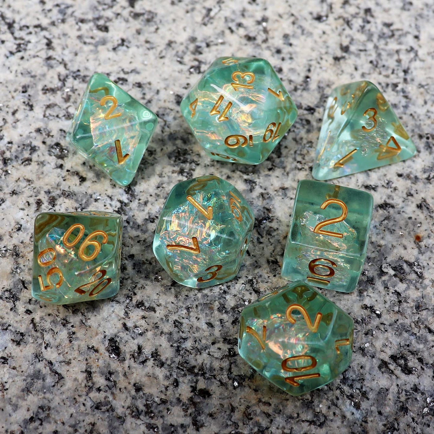 Haxtec Light Green DND Dice Set – 7pc Iridescent Resin Dice + Gift Bag