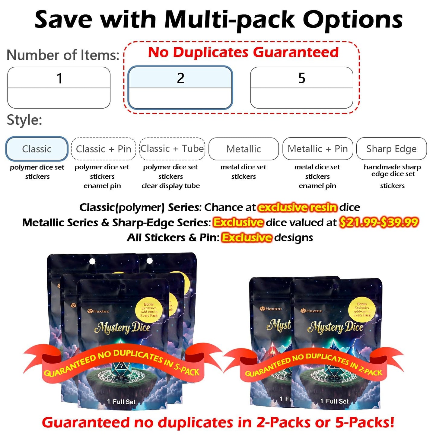 Haxtec Mystery Dice Set 2-Pack – Polyhedral DND Dice with 300+ Patterns