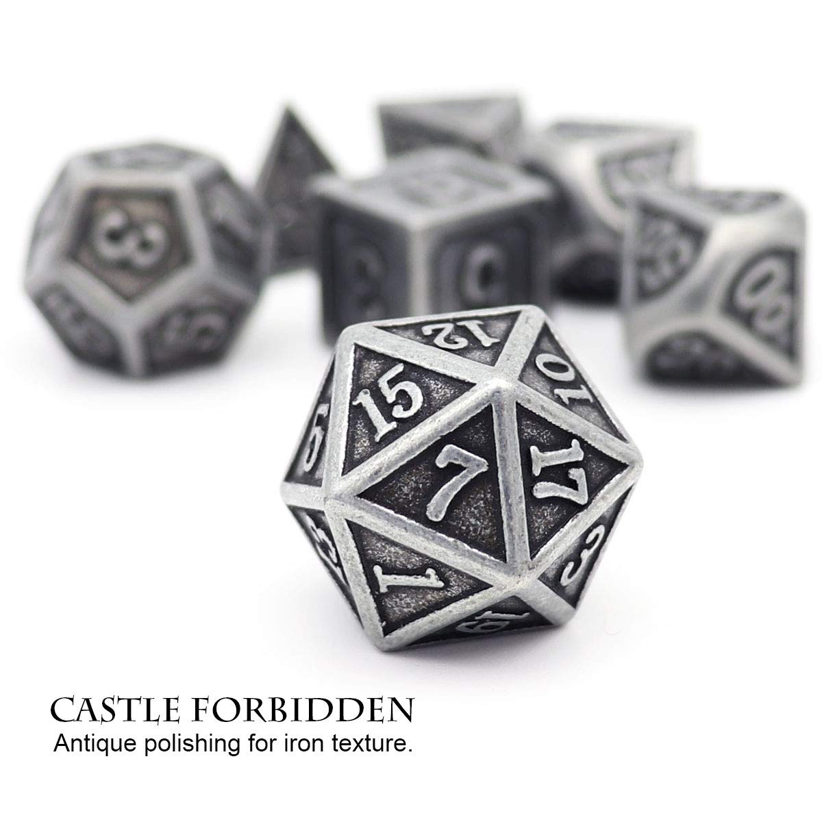 Haxtec Antique Iron DND Dice Set – Silver Metal Polyhedral Dice with Leather Bag