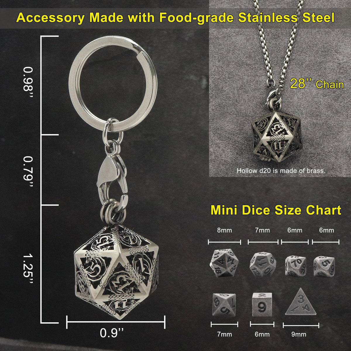 Haxtec Mini Metal D&D Dice Set with Hollow Necklace Case | 7-Piece Portable Keychain
