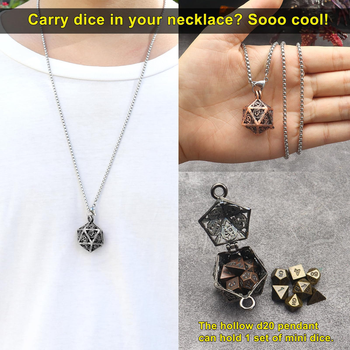 Haxtec Mini Metal D&D Dice Set with Hollow Necklace Case | 7-Piece Portable Keychain