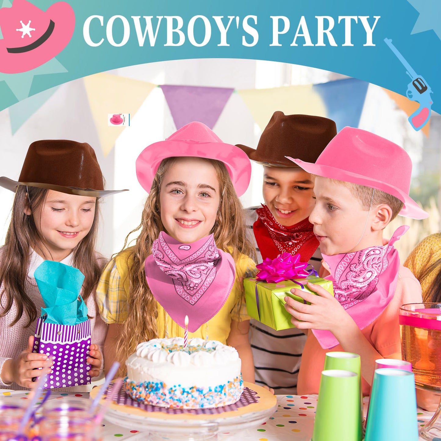 Haysandy 24-Piece Western Cowboy Hat Set for Kids — Felt Hats with Paisley Bandanas (Brown, Pink, Red)