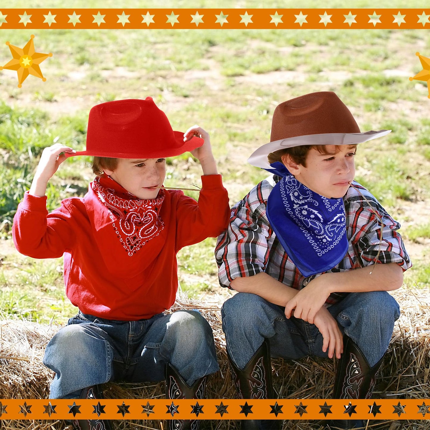 Haysandy 24-Piece Western Cowboy Hat Set – Felt Hats with Paisley Bandanas for Kids' Costume Party (Red & Brown)
