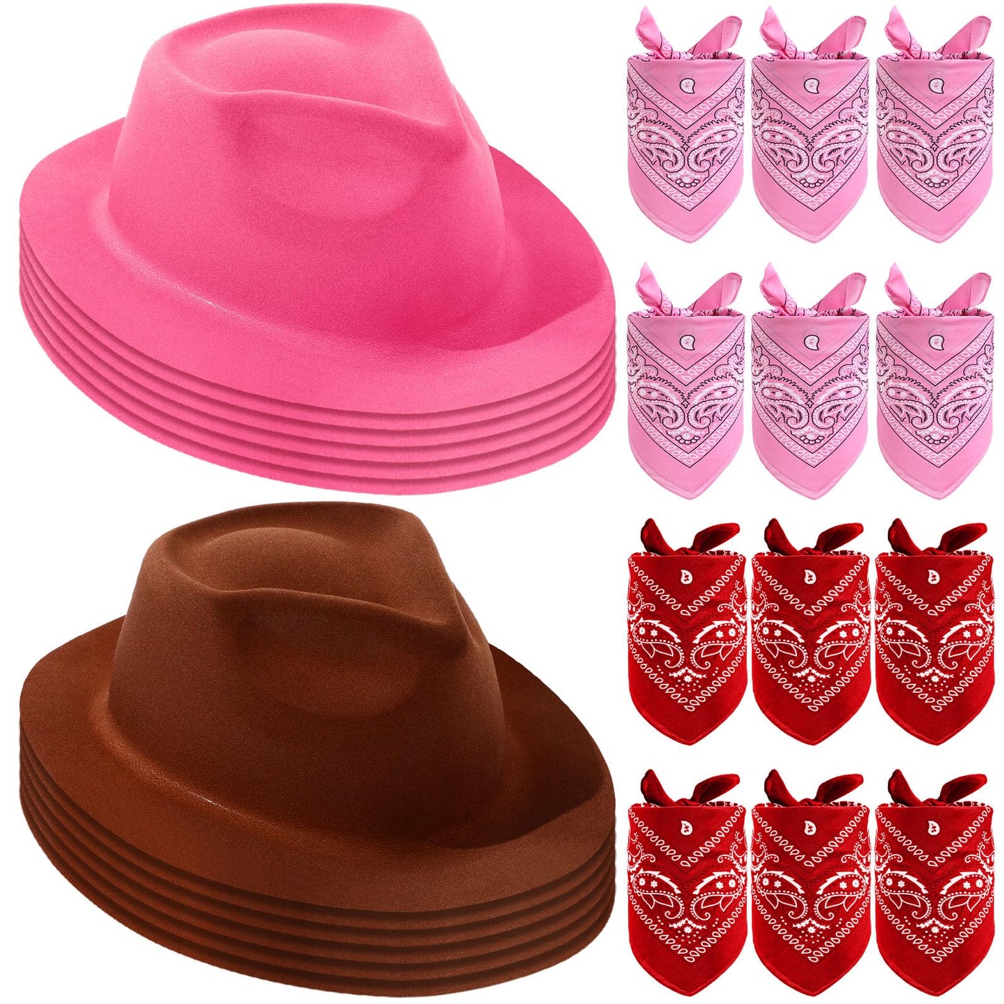 Haysandy 24-Piece Western Cowboy Hat Set for Kids — Felt Hats with Paisley Bandanas (Brown, Pink, Red)