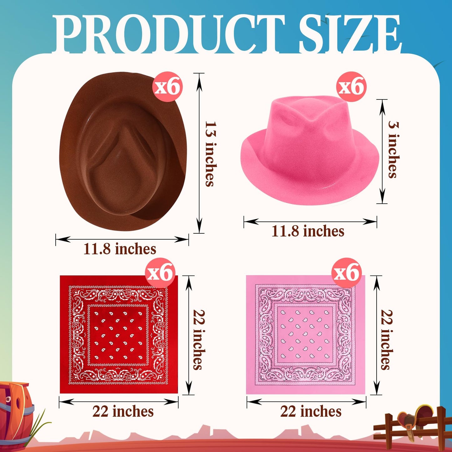 Haysandy 24-Piece Western Cowboy Hat Set for Kids — Felt Hats with Paisley Bandanas (Brown, Pink, Red)