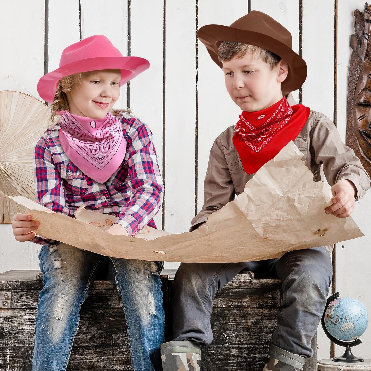 Haysandy 24-Piece Western Cowboy Hat Set for Kids — Felt Hats with Paisley Bandanas (Brown, Pink, Red)