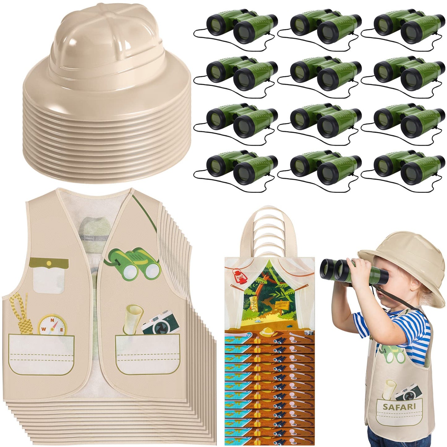 Haysandy 48 Pcs Kids Explorer Costume Set – Safari Hat, Vest, Tote Bag & Binoculars for Jungle Party