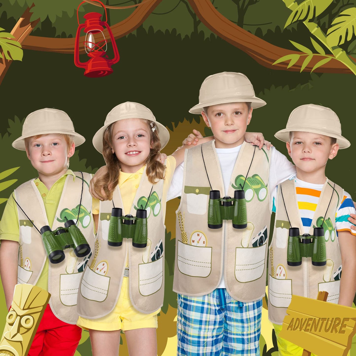 Haysandy 48 Pcs Kids Explorer Costume Set – Safari Hat, Vest, Tote Bag & Binoculars for Jungle Party