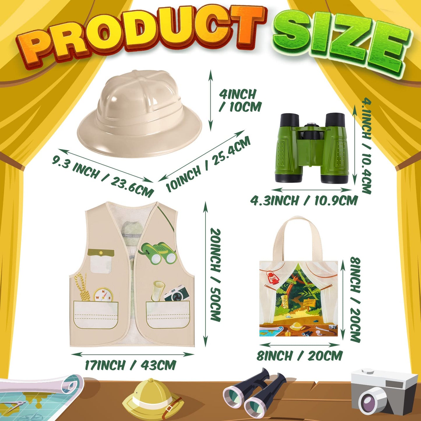 Haysandy 48 Pcs Kids Explorer Costume Set – Safari Hat, Vest, Tote Bag & Binoculars for Jungle Party