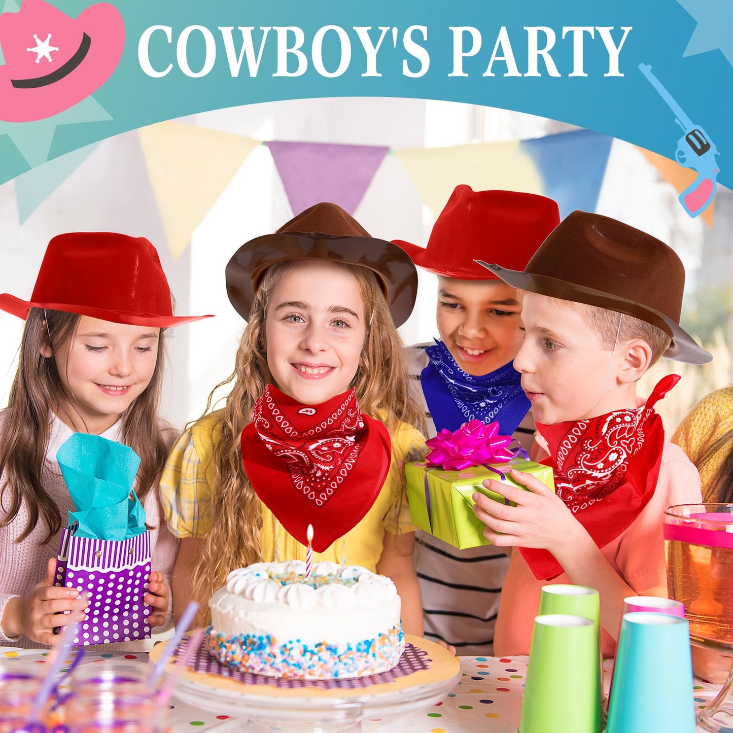 Haysandy 24-Piece Western Cowboy Hat Set – Felt Hats with Paisley Bandanas for Kids' Costume Party (Red & Brown)
