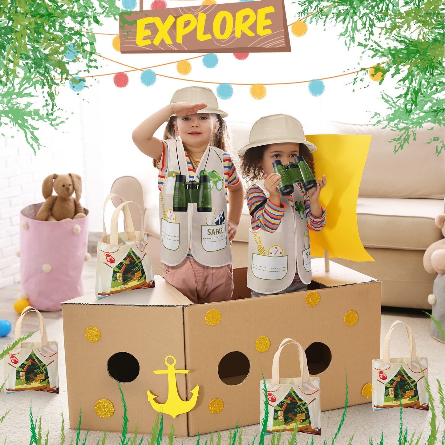 Haysandy 48 Pcs Kids Explorer Costume Set – Safari Hat, Vest, Tote Bag & Binoculars for Jungle Party