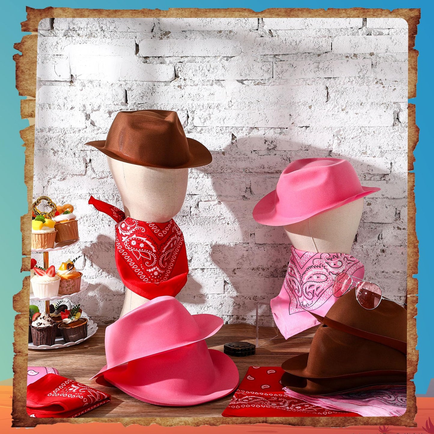 Haysandy 24-Piece Western Cowboy Hat Set for Kids — Felt Hats with Paisley Bandanas (Brown, Pink, Red)