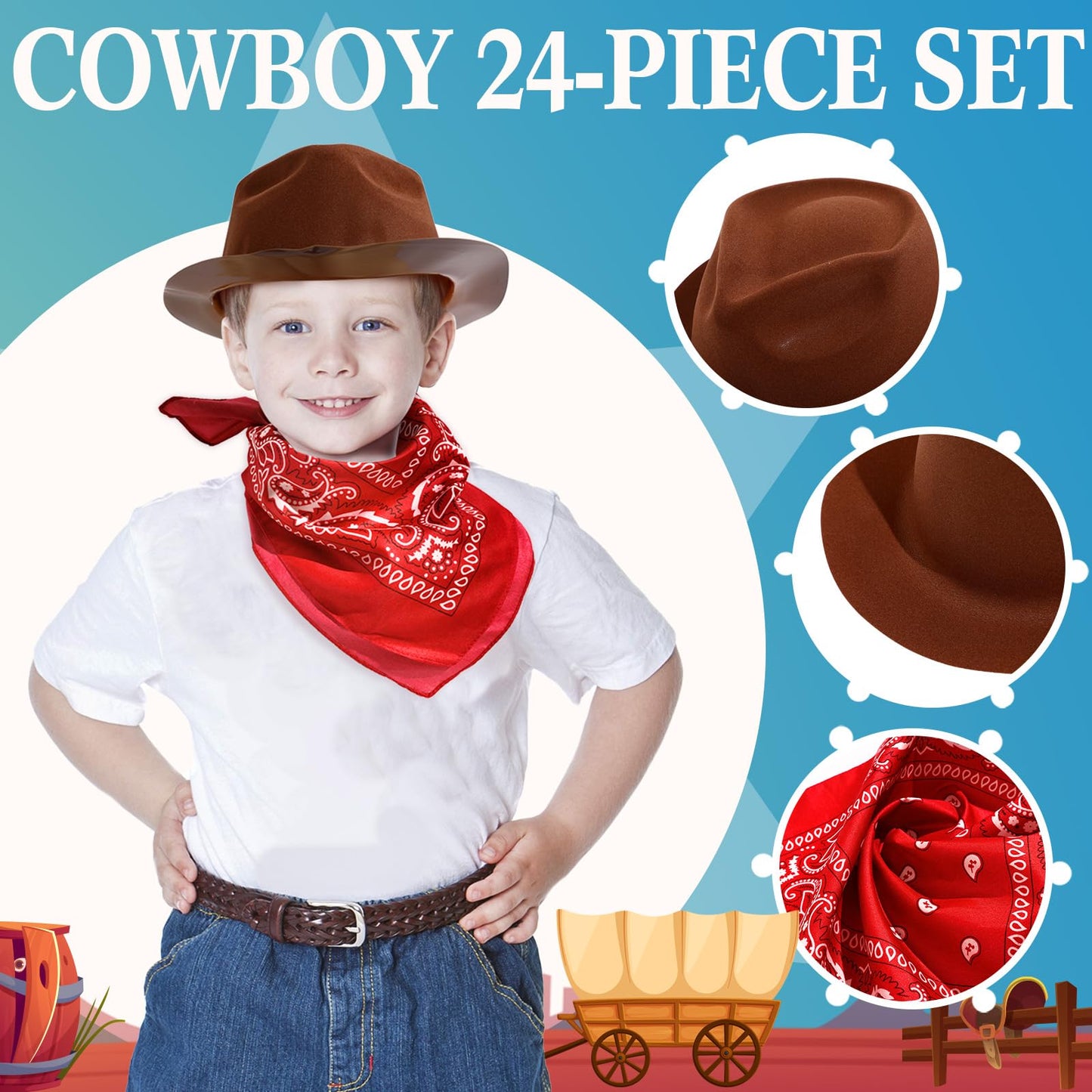 Haysandy 24-Piece Western Cowboy Hat Set for Kids — Felt Hats with Paisley Bandanas (Brown, Pink, Red)
