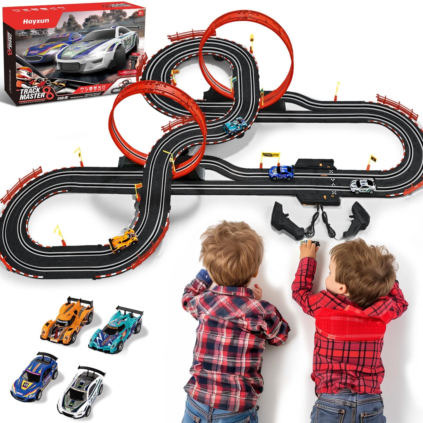 Hayxun 30 ft Dual Slot Car Track Set - 1:43 Scale with 4 Cars & 2 Controllers | Gift for Ages 8-13