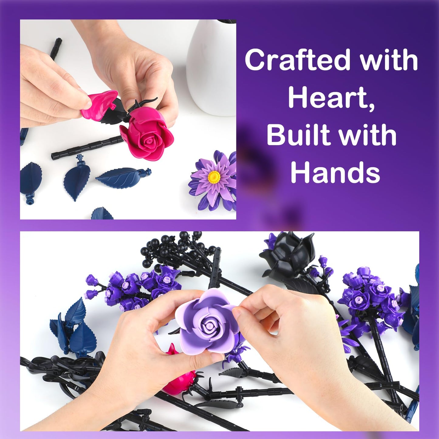 HAYXUN Halloween Purple Rose Building Blocks Kit – DIY Indoor Flower Bouquet for Adults & Teens