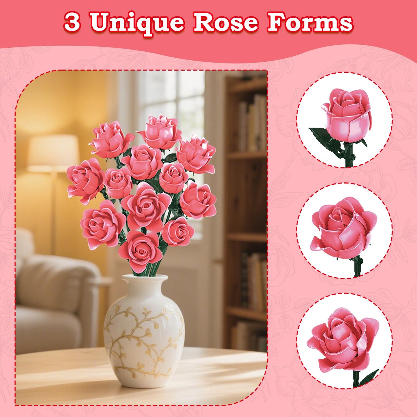 HAYXUN 12 Pink Roses Building Block Bouquet – Romantic Gift for Wife, Mom & Friends