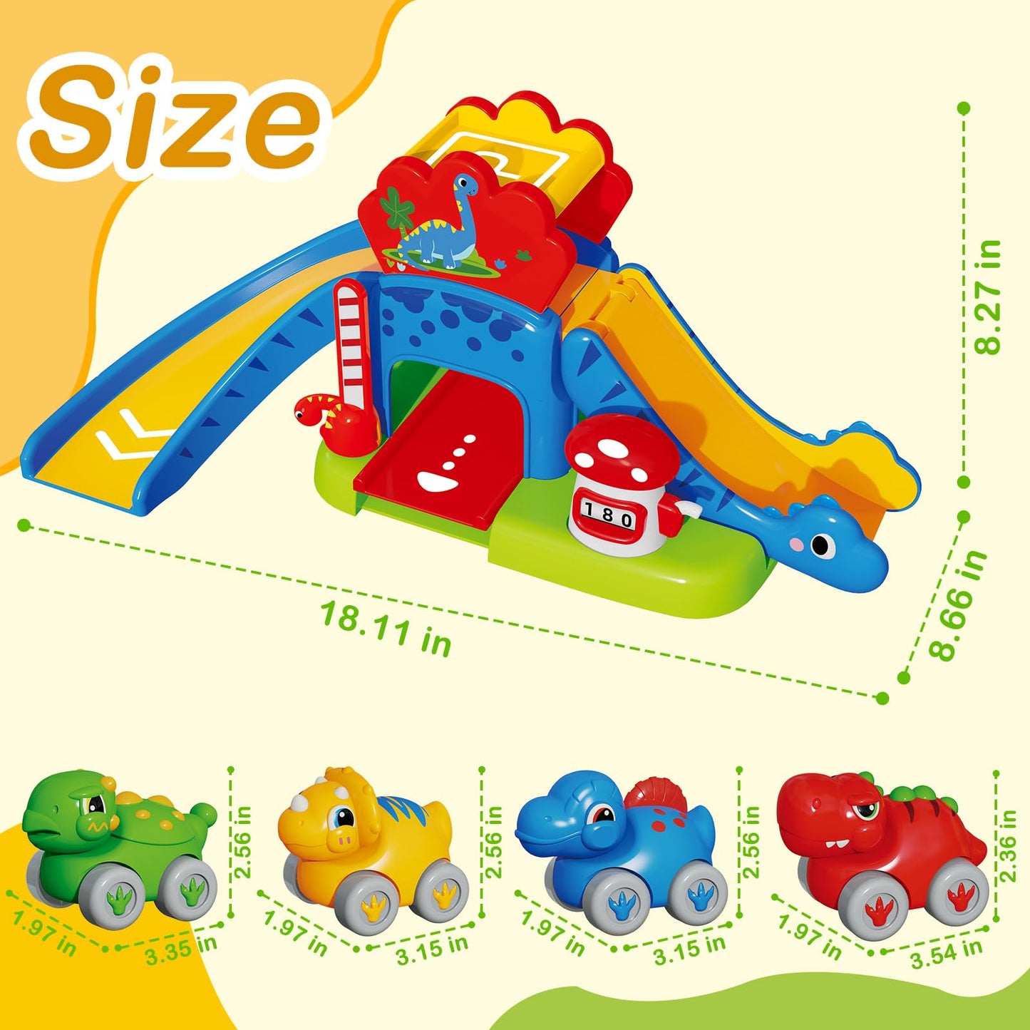 HAYXUN Dino Slide Set – 4 Color Push Cars for 12–18 Months | Montessori Dino Toy Gift