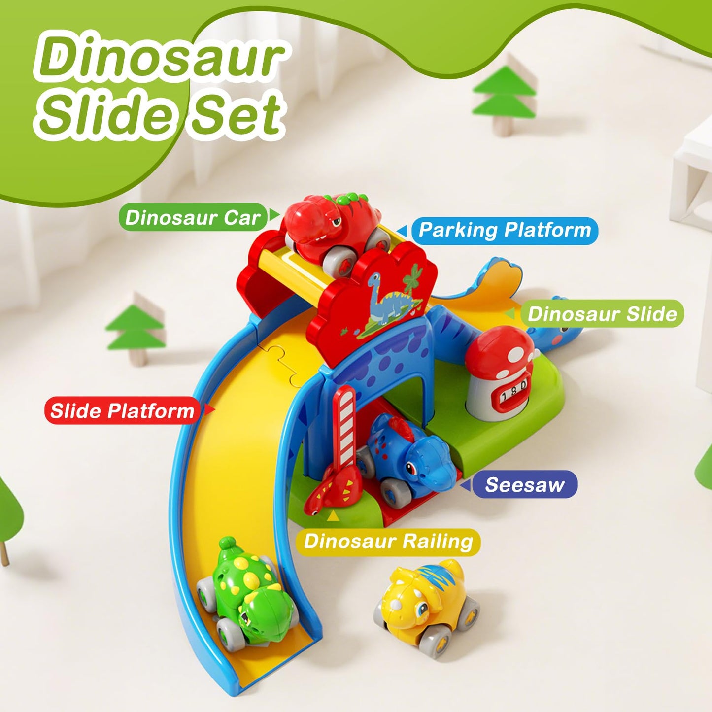 HAYXUN Dino Slide Set – 4 Color Push Cars for 12–18 Months | Montessori Dino Toy Gift