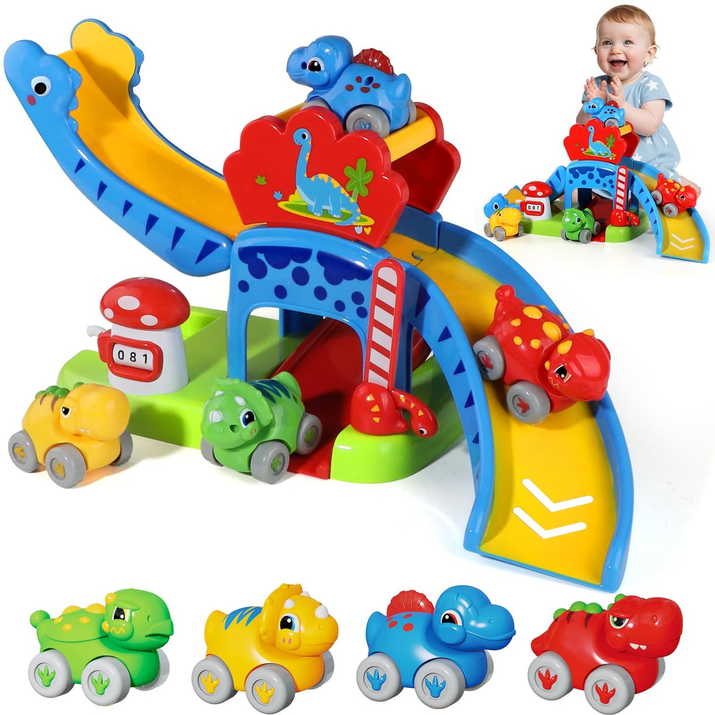 HAYXUN Dino Slide Set – 4 Color Push Cars for 12–18 Months | Montessori Dino Toy Gift