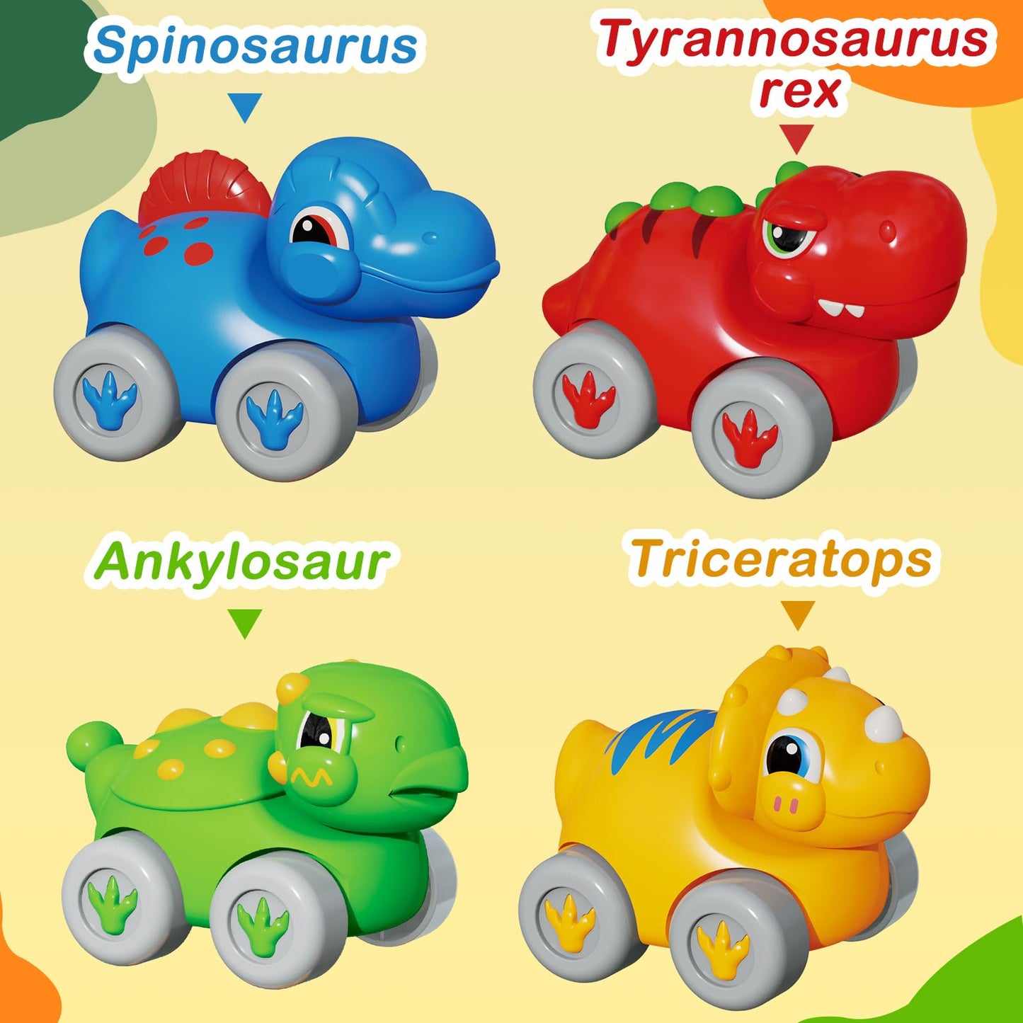 HAYXUN Dino Slide Set – 4 Color Push Cars for 12–18 Months | Montessori Dino Toy Gift
