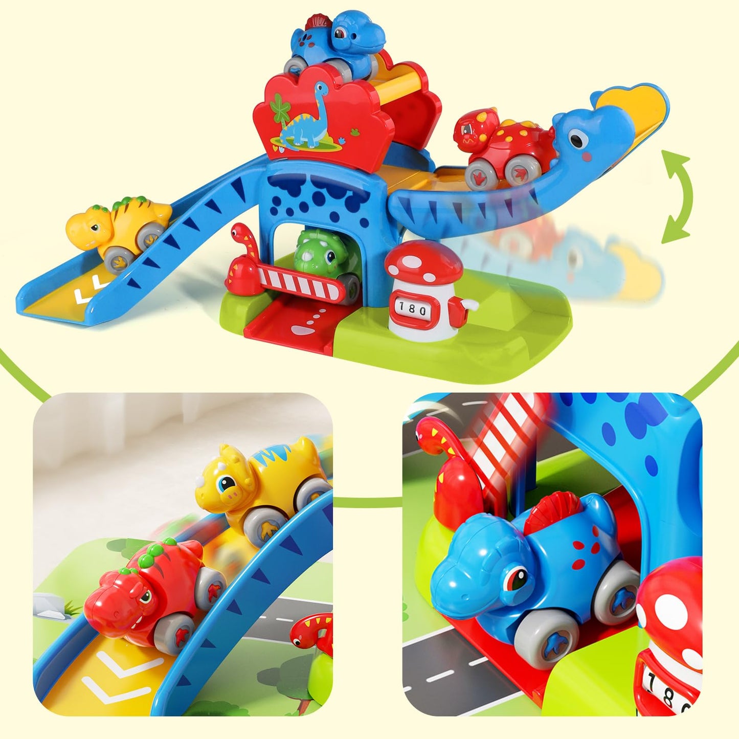 HAYXUN Dino Slide Set – 4 Color Push Cars for 12–18 Months | Montessori Dino Toy Gift