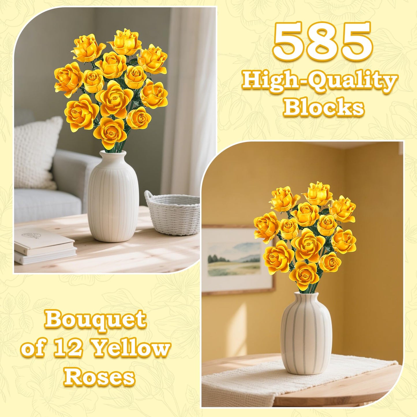 HAYXUN Valentines Day Gifts — 12 Yellow Rose Building Kit (585 PCS) for Mom, Grandma & Teachers