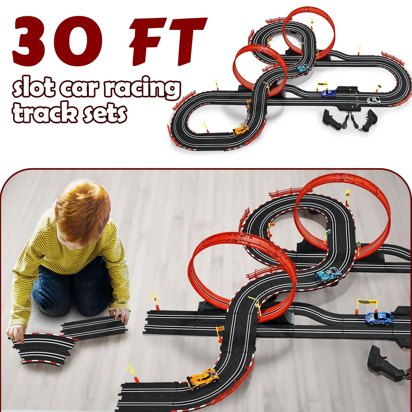 Hayxun 30 ft Dual Slot Car Track Set - 1:43 Scale with 4 Cars & 2 Controllers | Gift for Ages 8-13