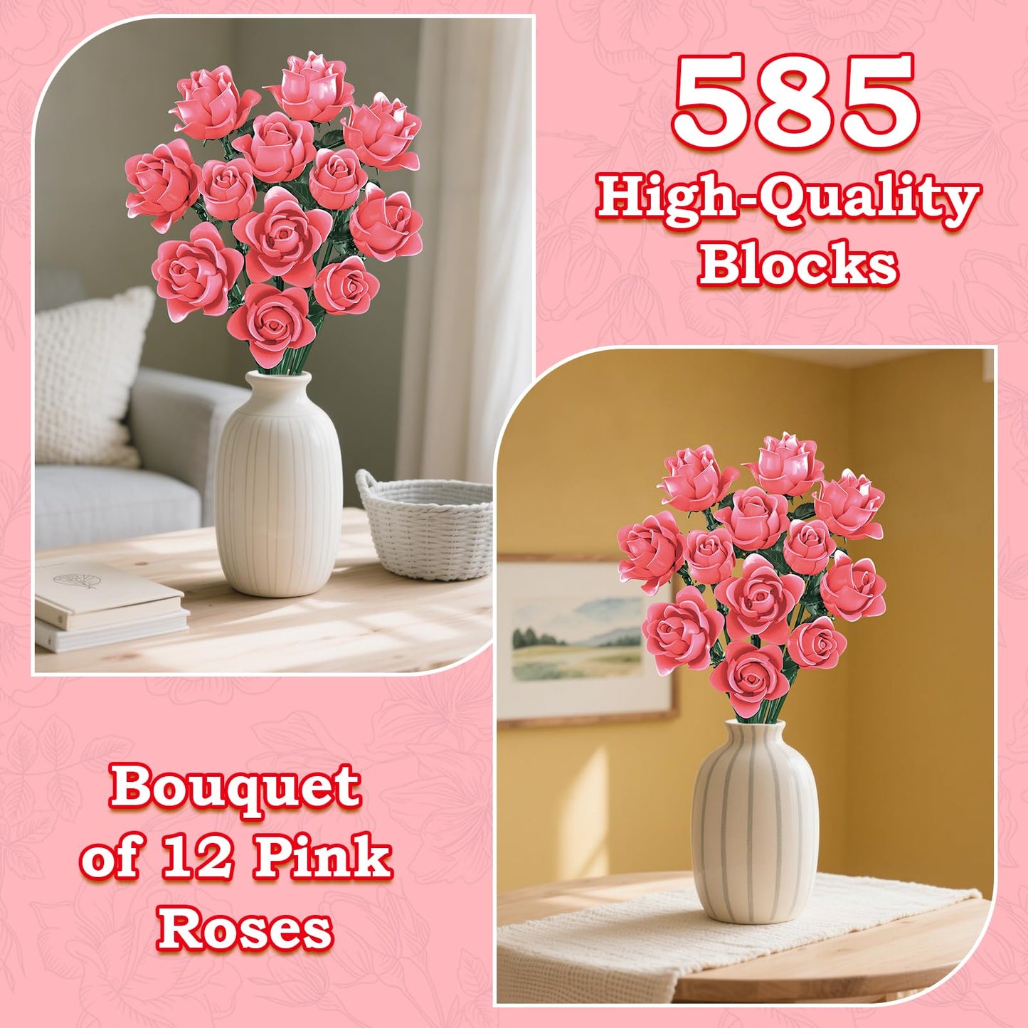 HAYXUN 12 Pink Roses Building Block Bouquet – Romantic Gift for Wife, Mom & Friends