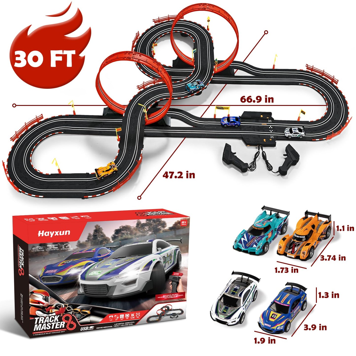 Hayxun 30 ft Dual Slot Car Track Set - 1:43 Scale with 4 Cars & 2 Controllers | Gift for Ages 8-13